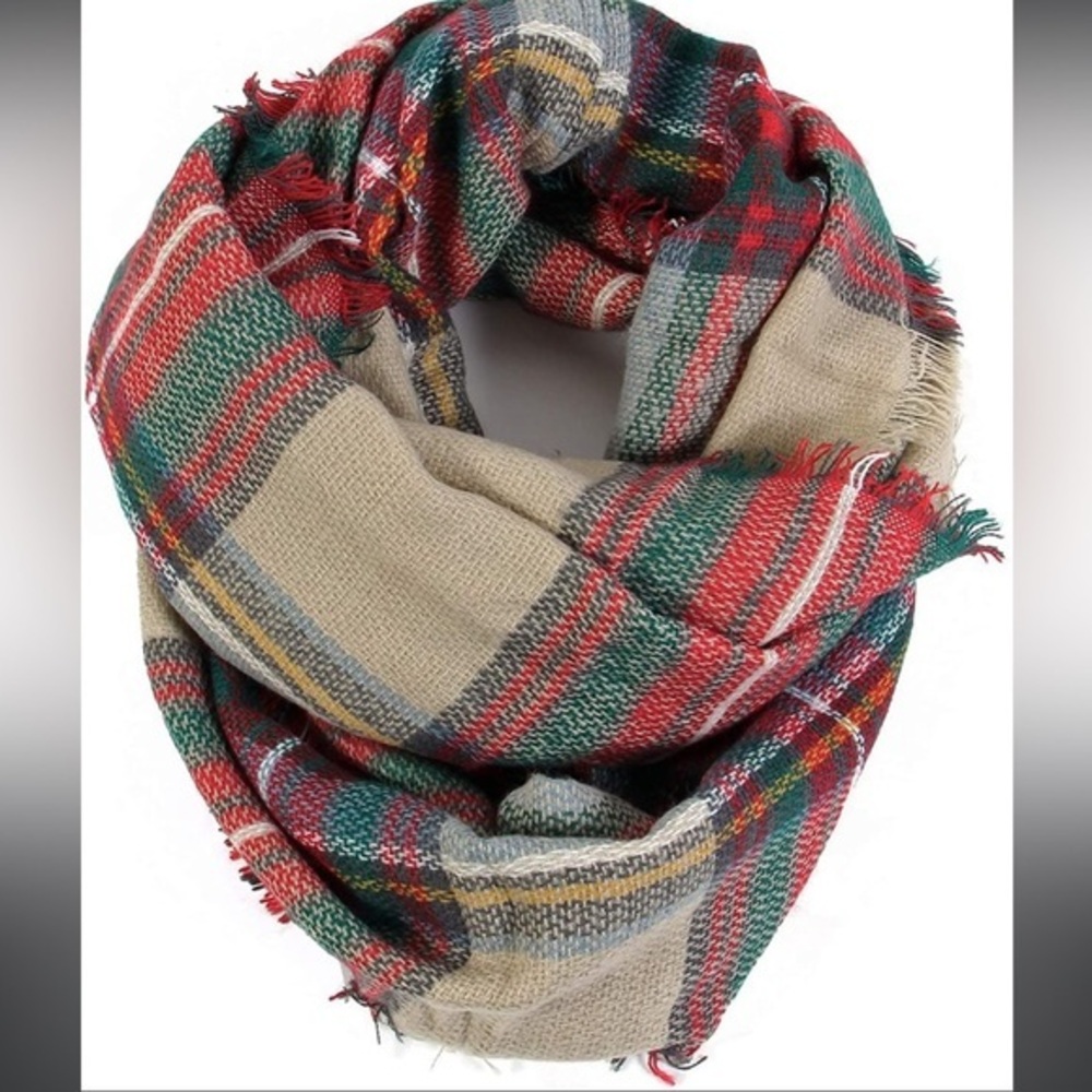 Women’s Fashion Plaid Tartan Infinity Scarf Wrap Tan Red Boho Winter Accessory